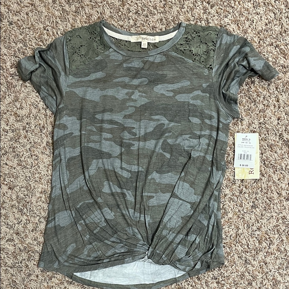 Rewind Green Camouflage Lace Accent Top